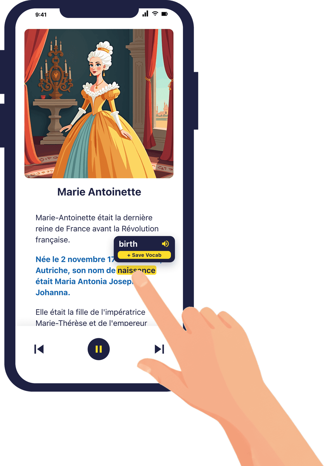 The Linguin app showing a French text about Marie Antoinette, with a tapped word translated